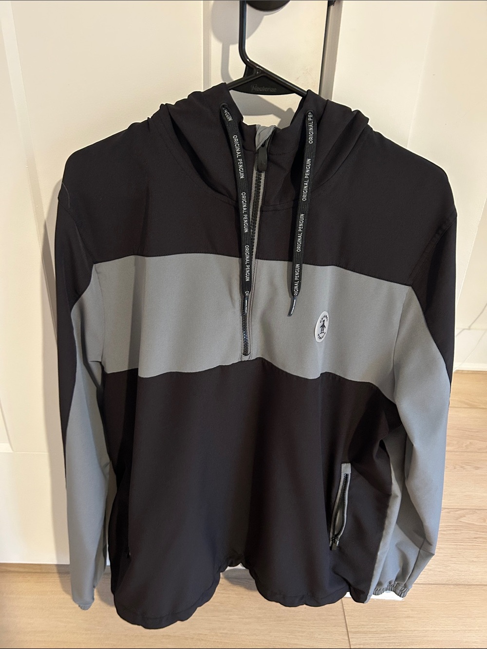 Original Penguin Black and Gray Hooded Quarter-Zip Golf Hoodie